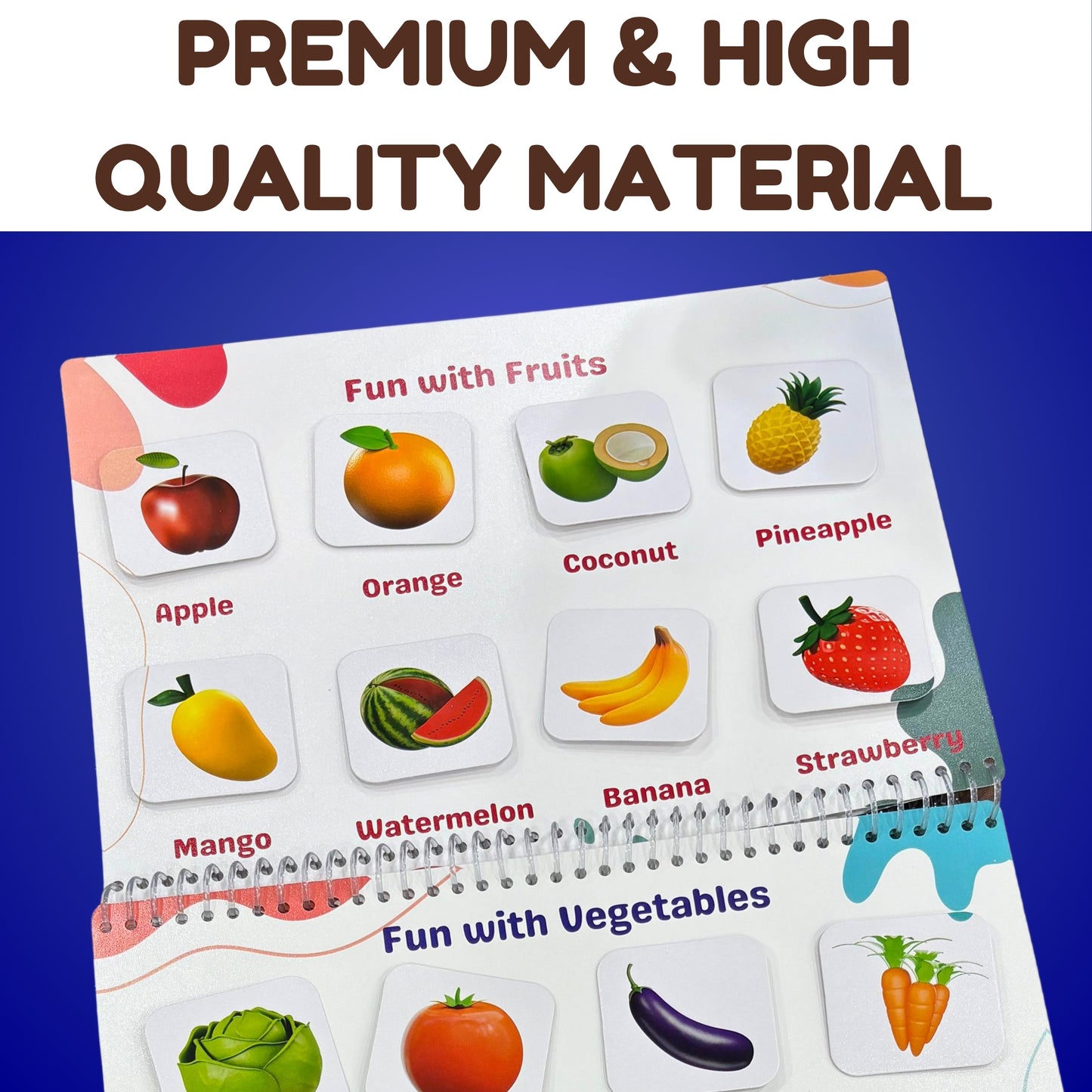 Educational book with fruit and vegetable illustrations on a blue background