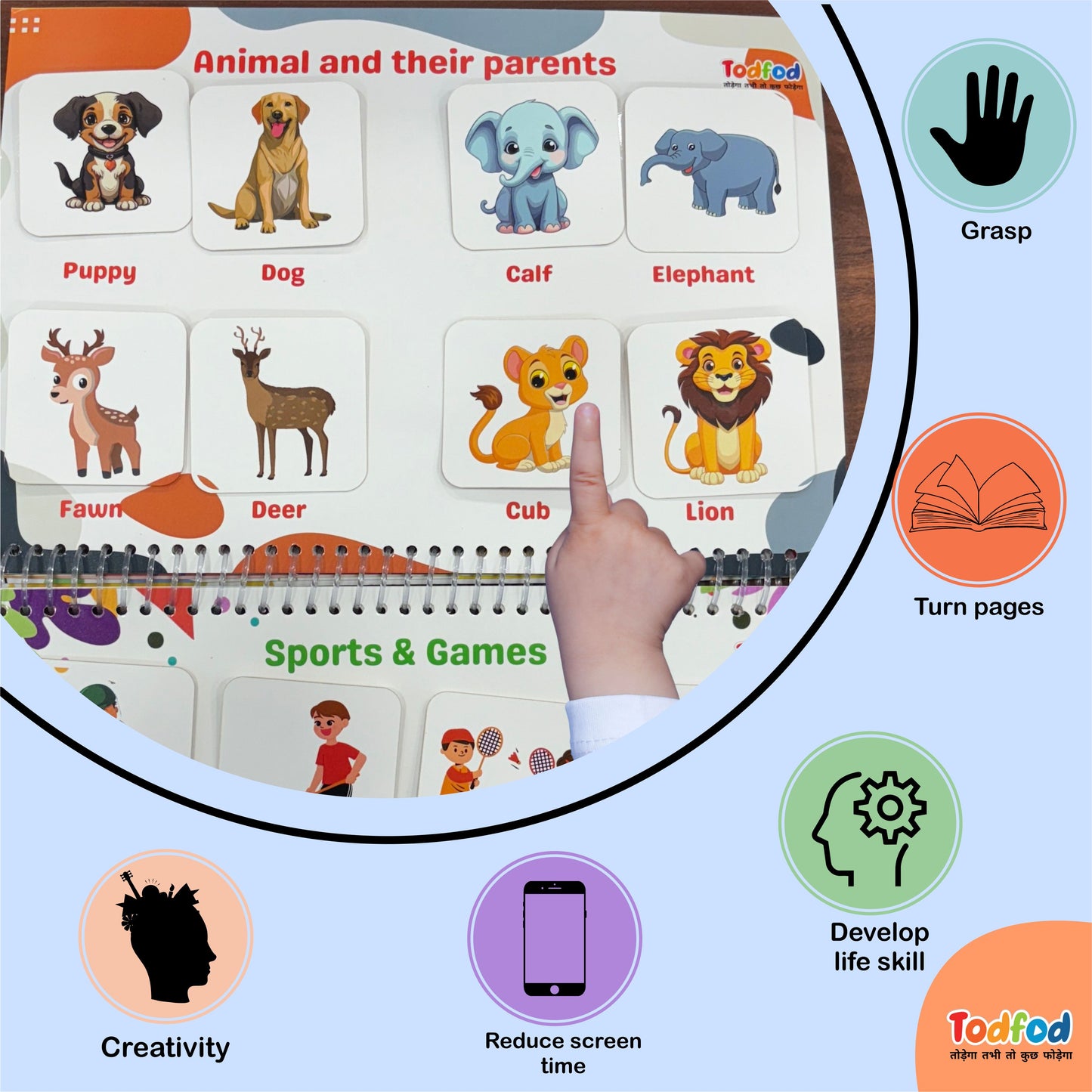 Educational book with animal illustrations and interactive elements on a colorful background