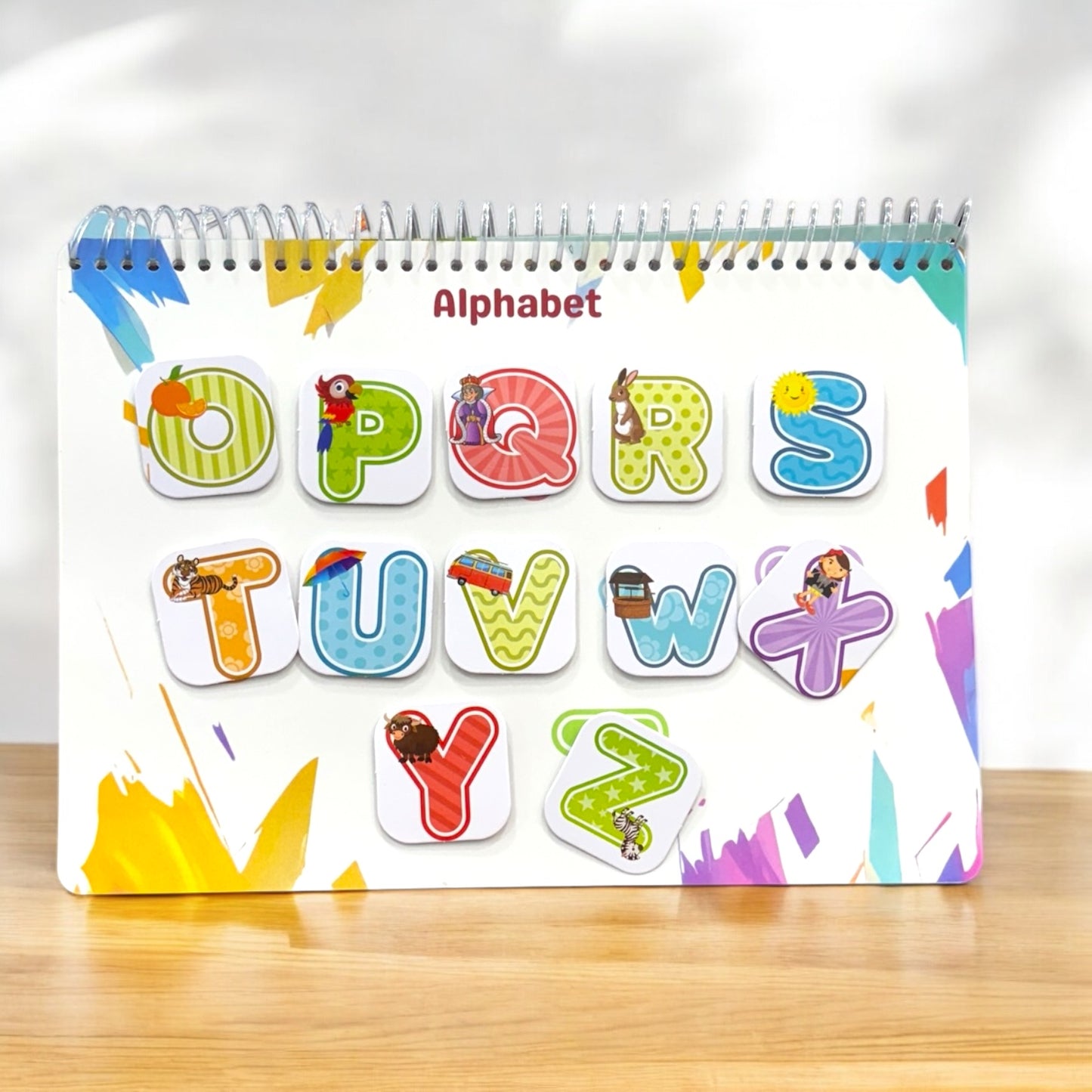 Colorful alphabet chart with letters from A to Z on a white background