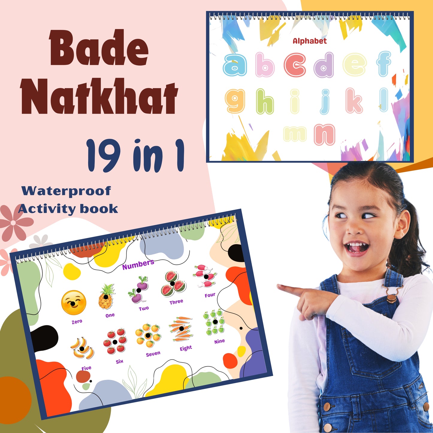 19-in-1 waterproof activity book with alphabet and numbers for children, featuring a child pointing at the book.