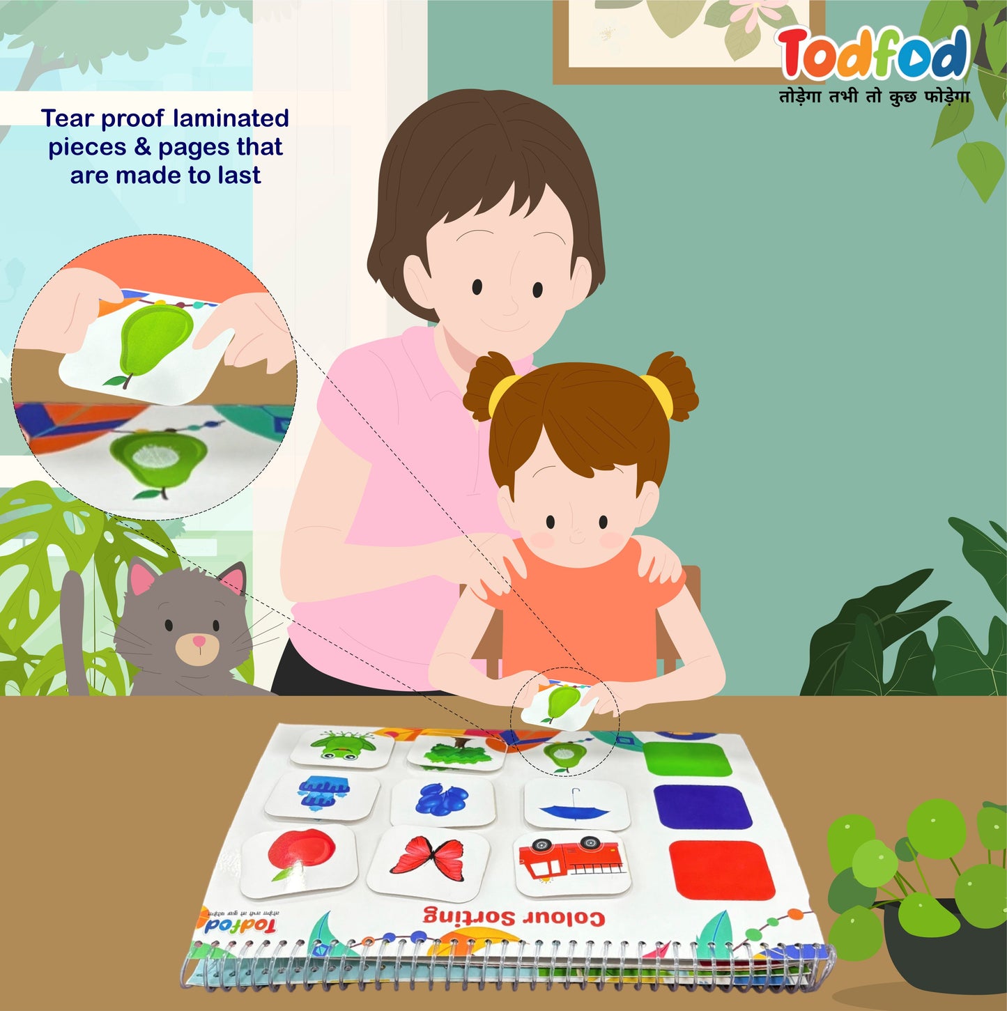 Illustration of a woman and child with educational cards, featuring Todfod brand.