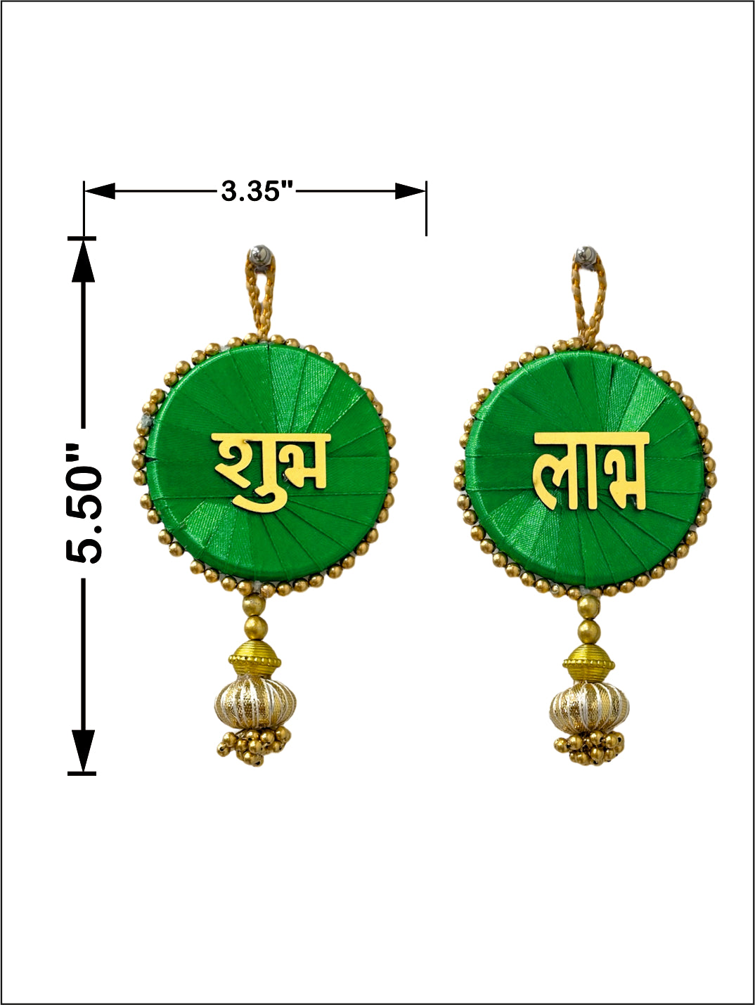 Green earrings with gold accents and text, shown with measurements on a white background.