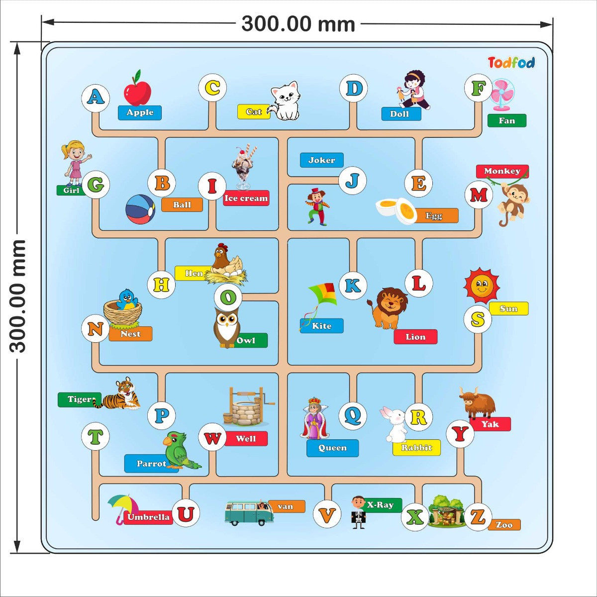 Educational alphabet mat with letters and illustrations for children, featuring Todfod brand.