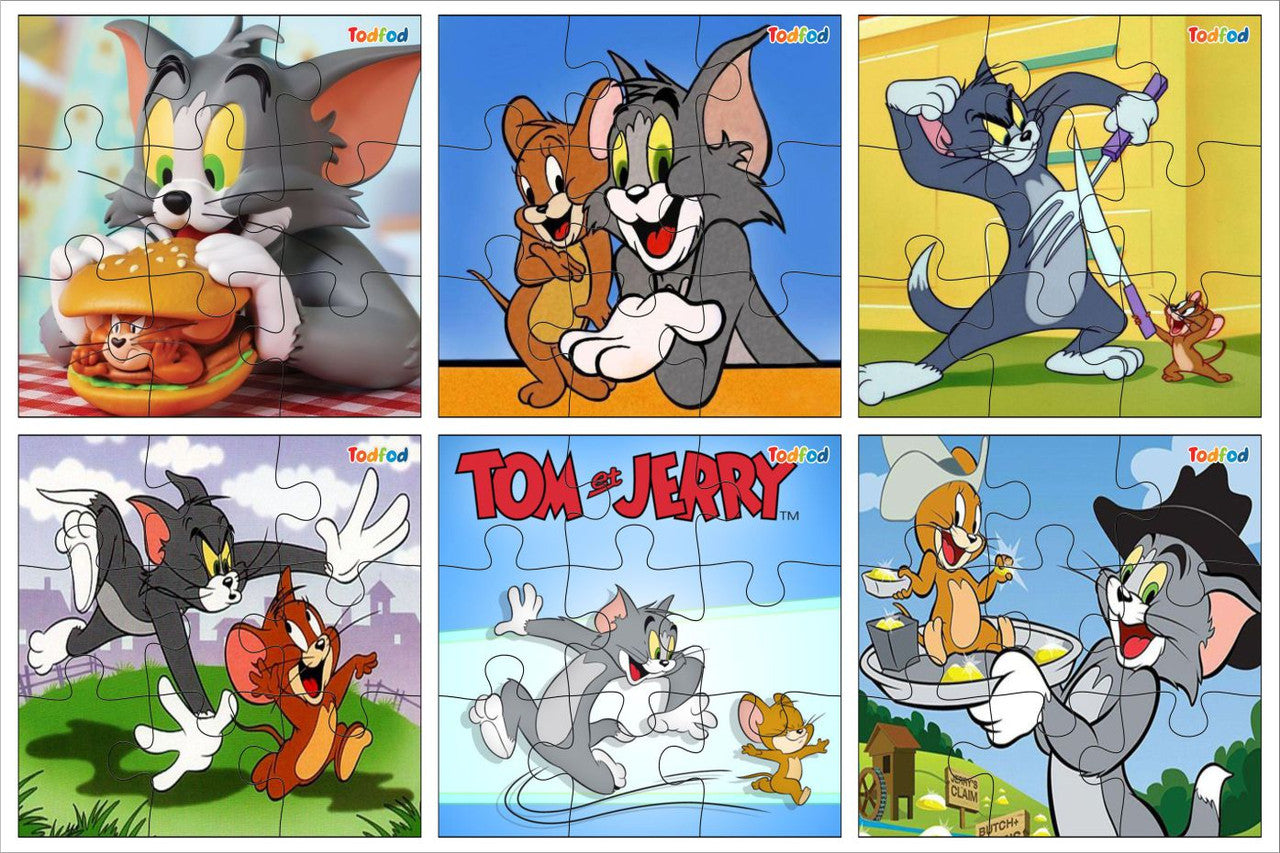Set of Tom and Jerry puzzles with cartoon characters on each piece.