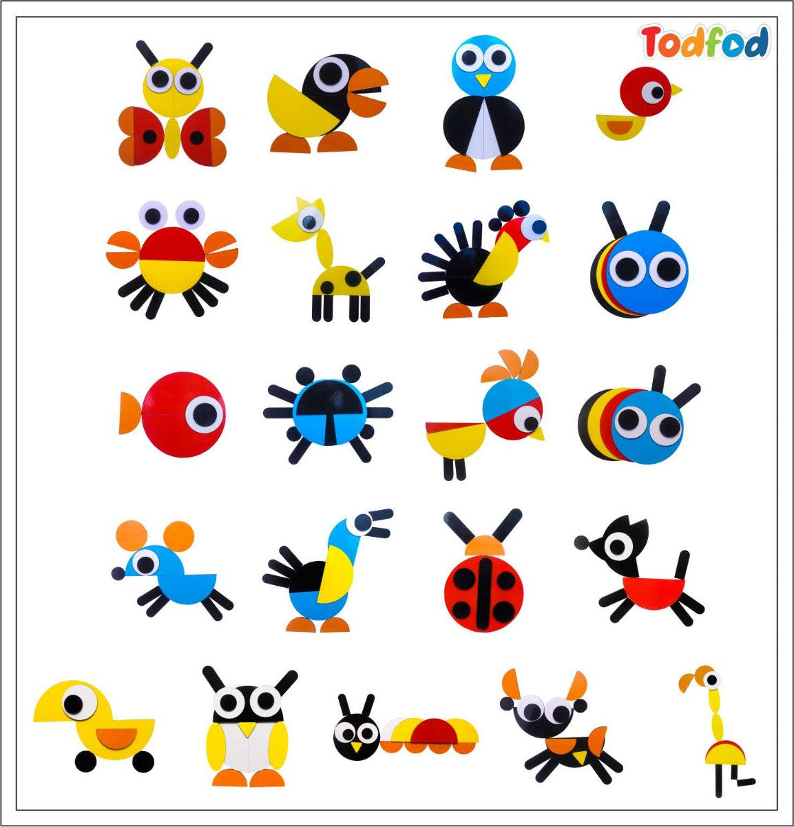 Set of colorful animal-shaped stickers with 'Todfod' branding on a white background.