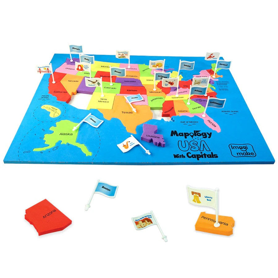 Map of the USA with colorful states and flags on a blue background