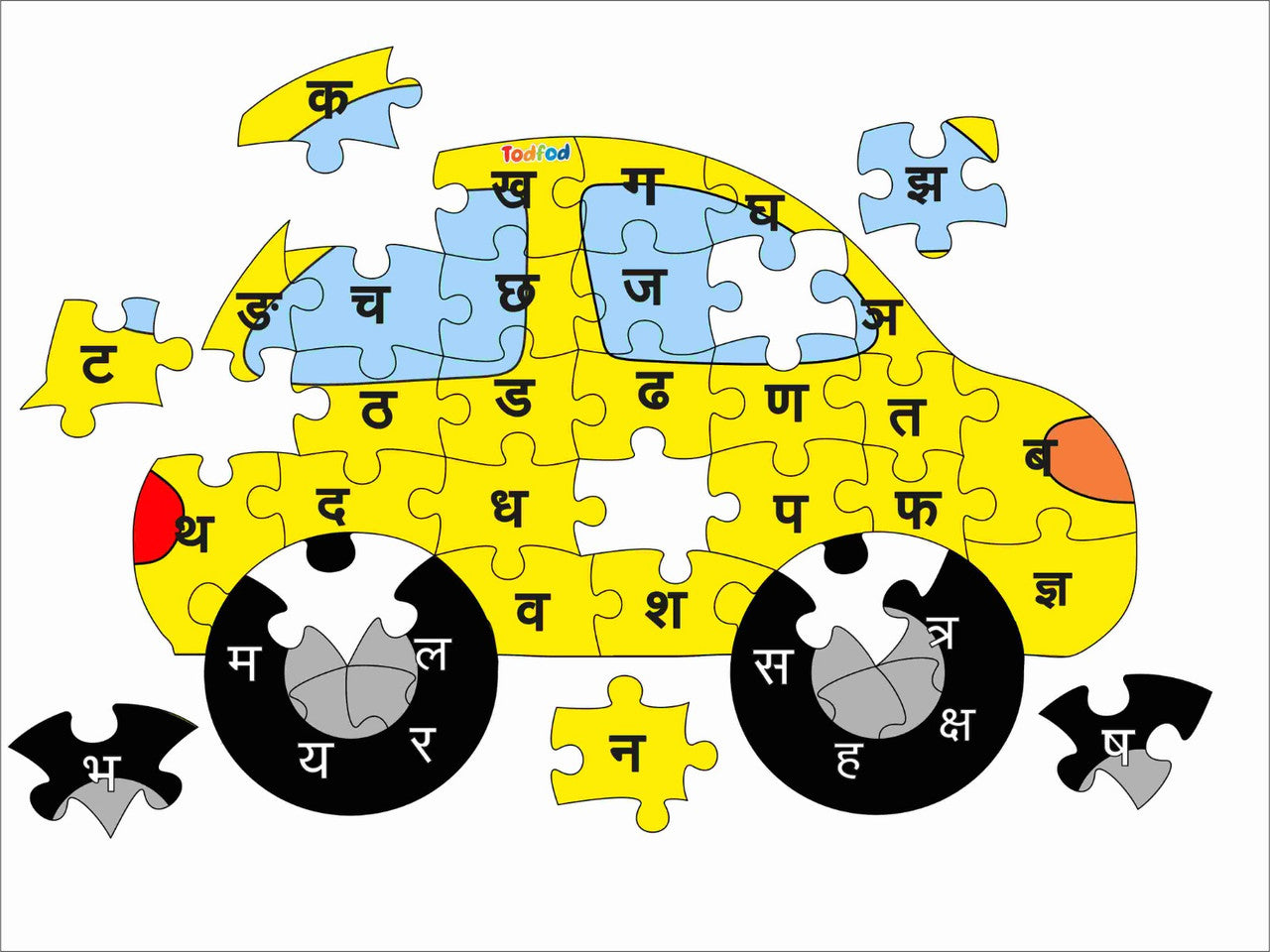 TodFod Car Shaped Wooden Jigsaw Puzzle Hindi Alphabets Yellow - 36 Pieces