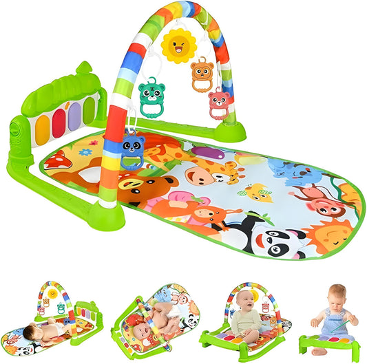 Colorful baby play gym with various toys and a mat featuring cartoon animals on a white background.