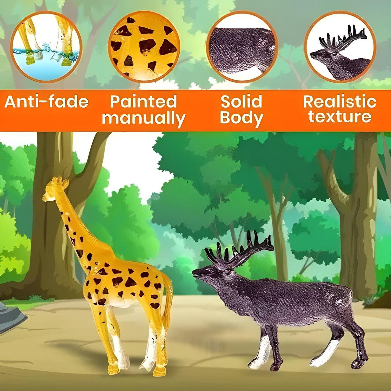 Two animal figurines, a giraffe and a moose, with text describing features like anti-fade, painted manually, solid body, and realistic texture.