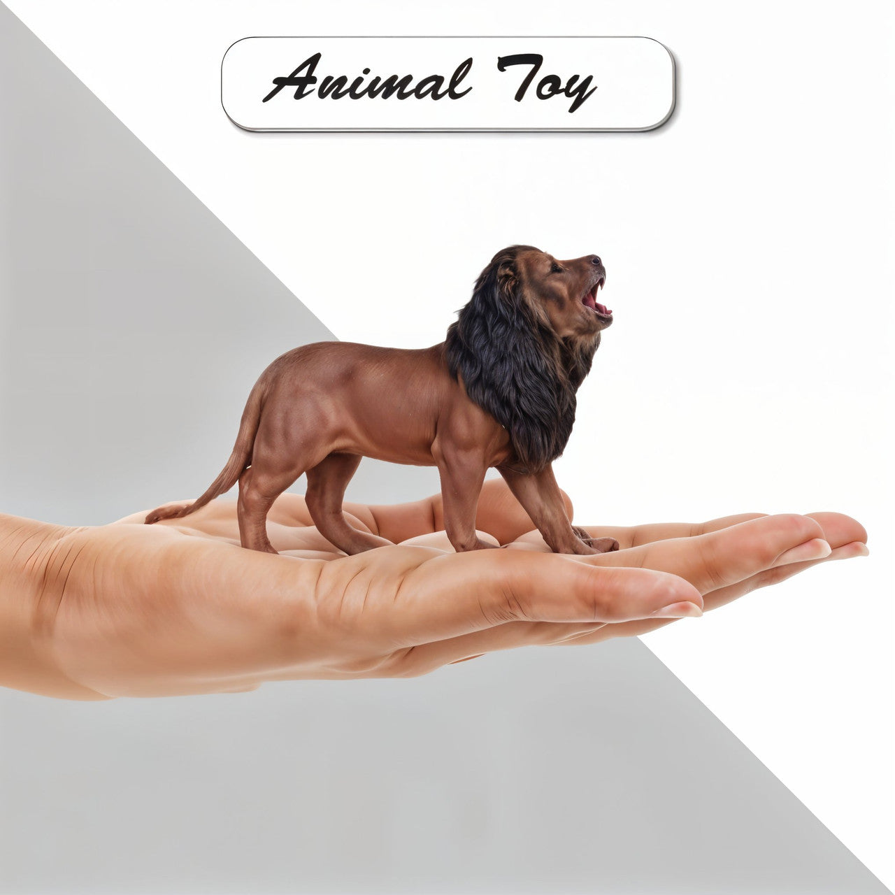 Small lion toy held in a hand with 'Animal Toy' text above
