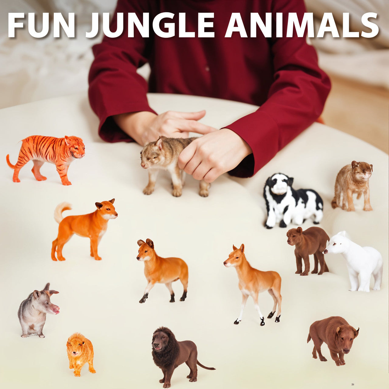Person interacting with small jungle animal figurines on a light surface, with text 'FUN JUNGLE ANIMALS' at the top.