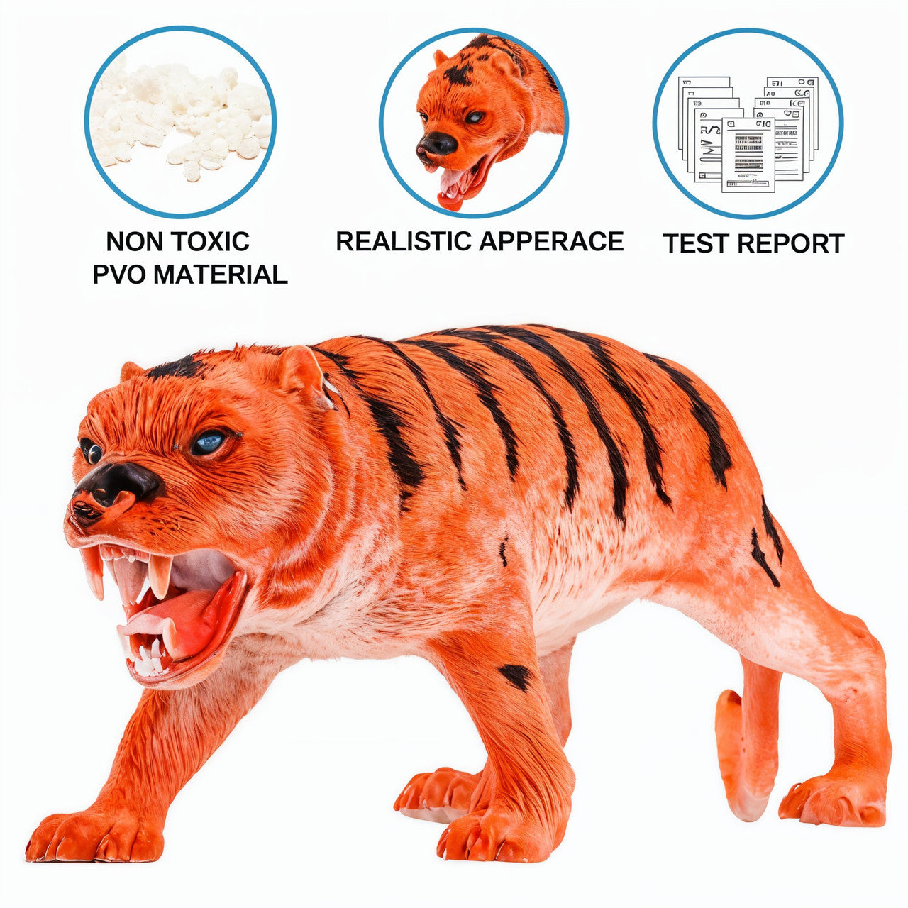 Toy tiger figure with features highlighted on a white background
