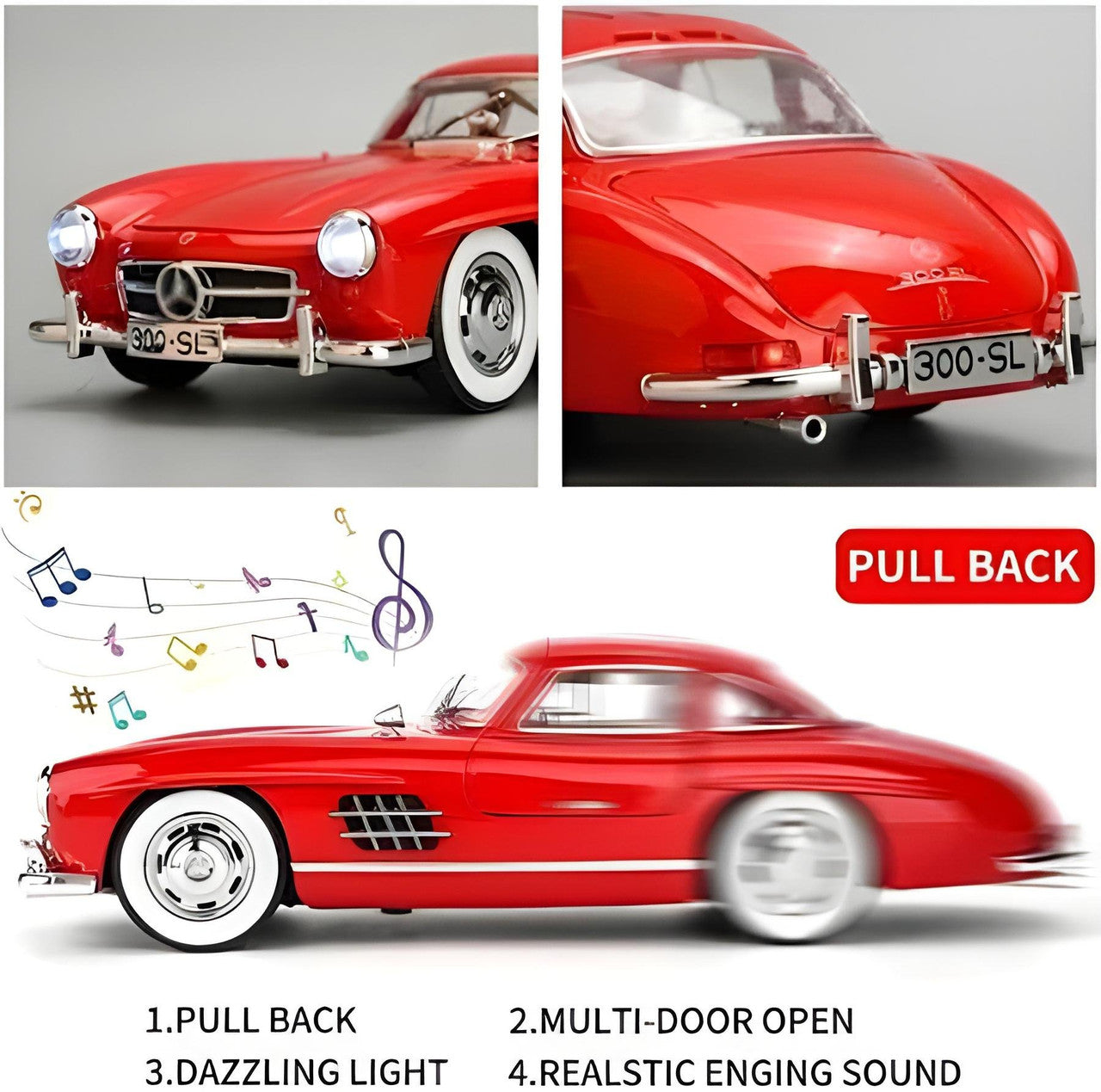 Todfod Vintage Mercedes-Benz 300 SL AMG Diecast Model Car (1:24 Scale, Red)