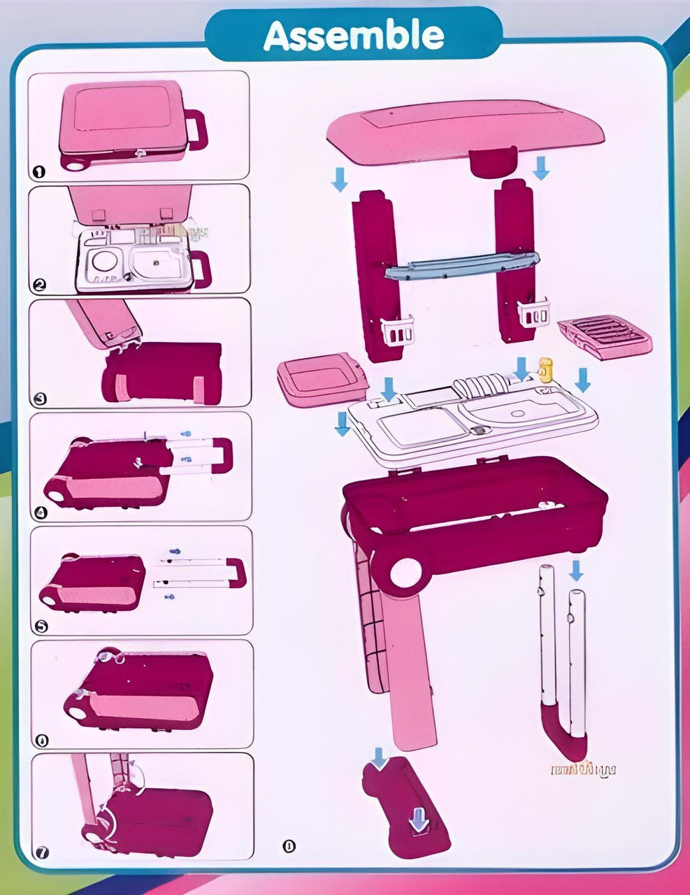 Assembly instructions for a pink toy kitchen set on a white background