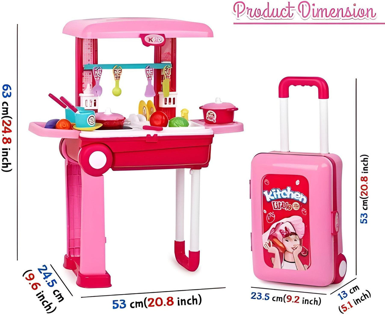 Pink toy kitchen set with a suitcase labeled 'Kitchen' on a white background