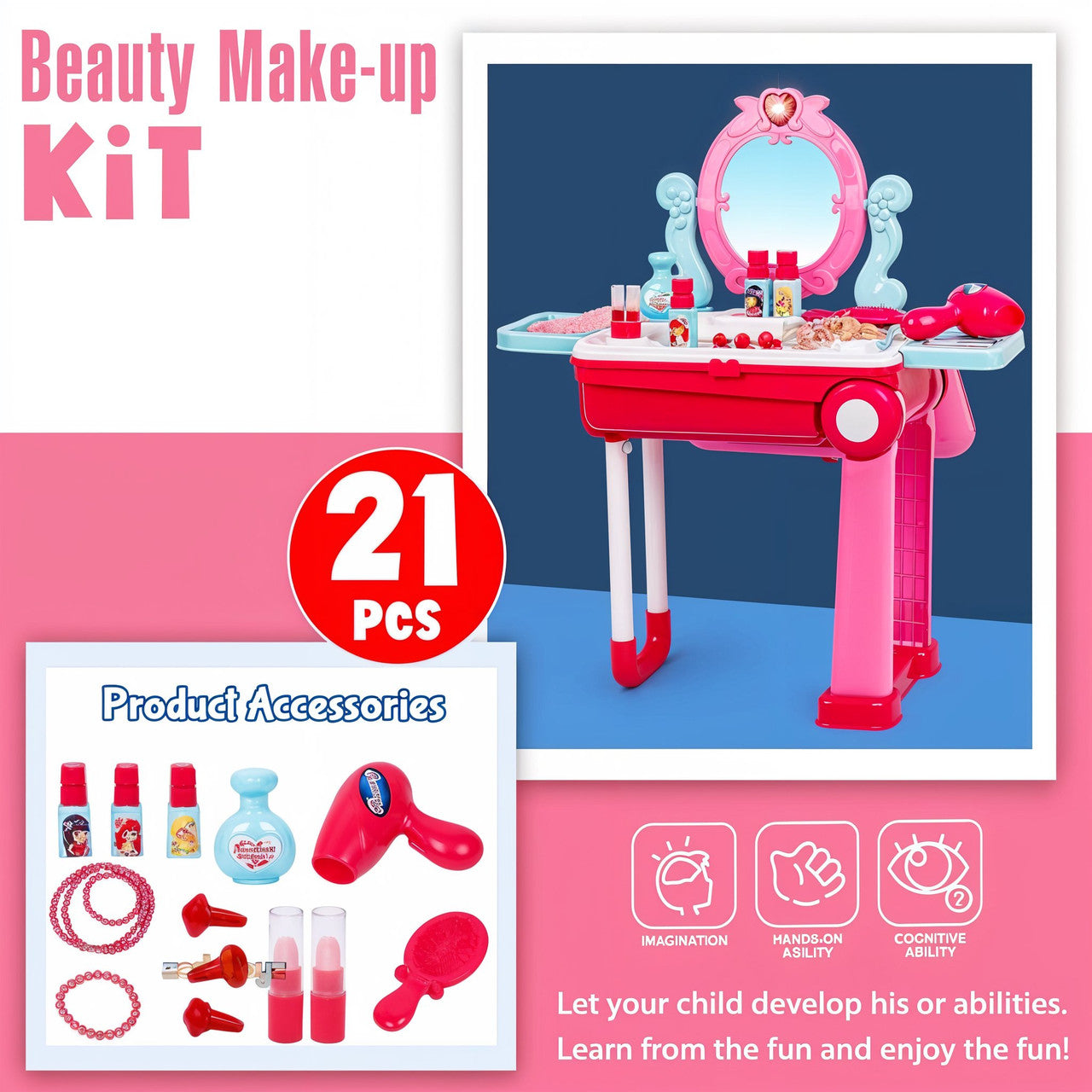 Toy beauty make-up kit with vanity table, mirror, and product accessories on a pink and blue background.