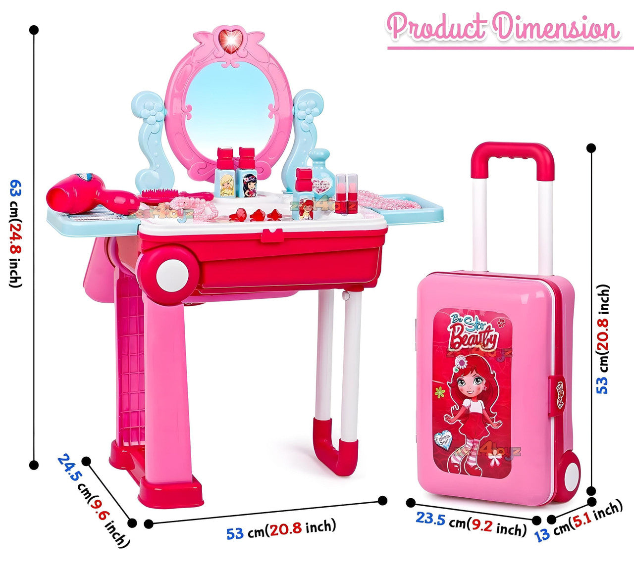 Toy vanity set with mirror, stool, and suitcase, including product dimensions.