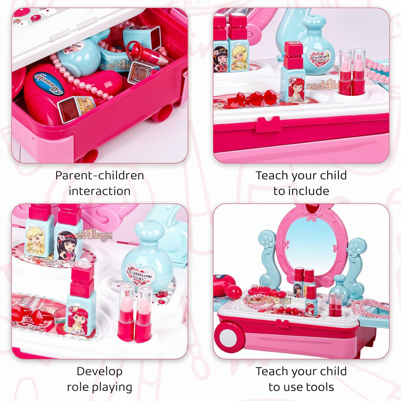 Children's toy makeup set with various accessories and a vanity mirror, designed for role-playing and educational purposes.