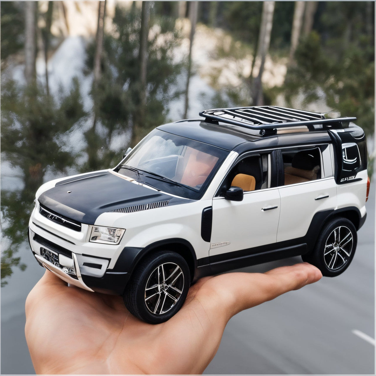 Model of a white SUV with black roof rack held in front of a scenic background