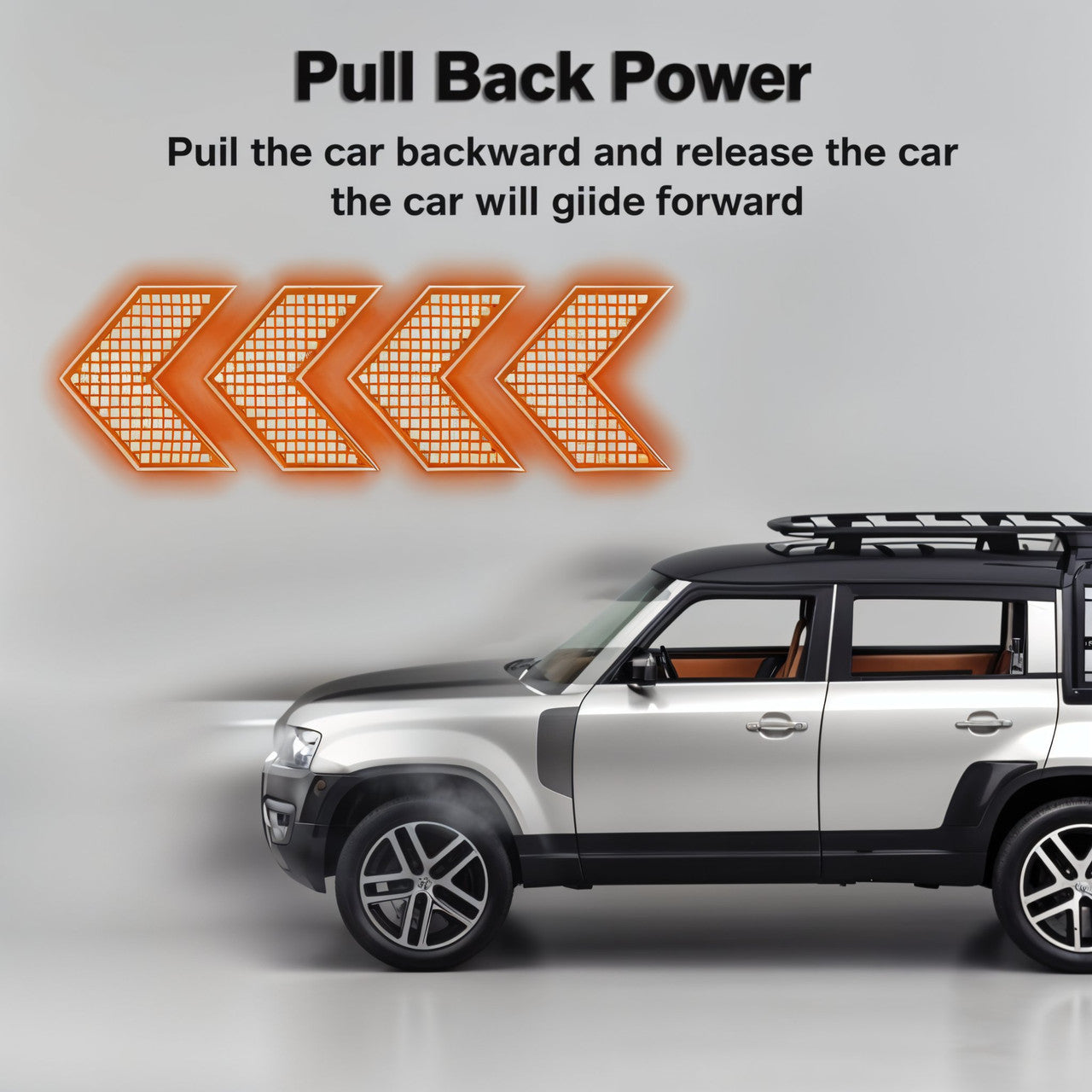Silver SUV with a roof rack on a gray background, featuring text about 'Pull Back Power' mechanism.
