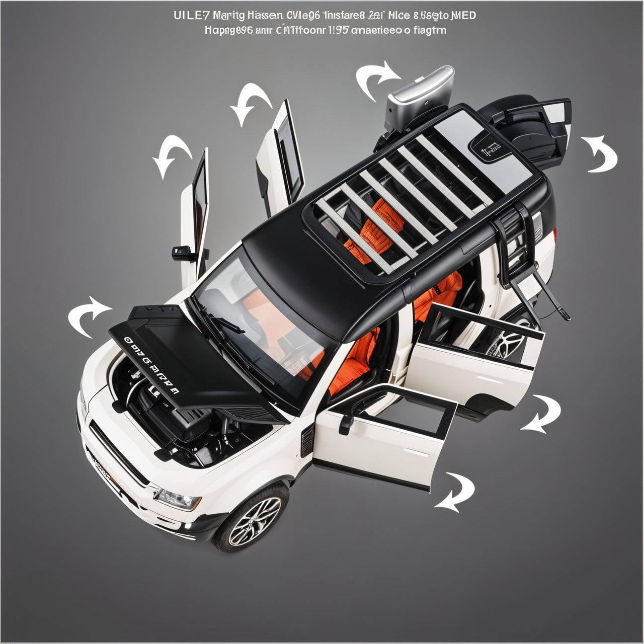 Model car with open doors and hood on a gray background