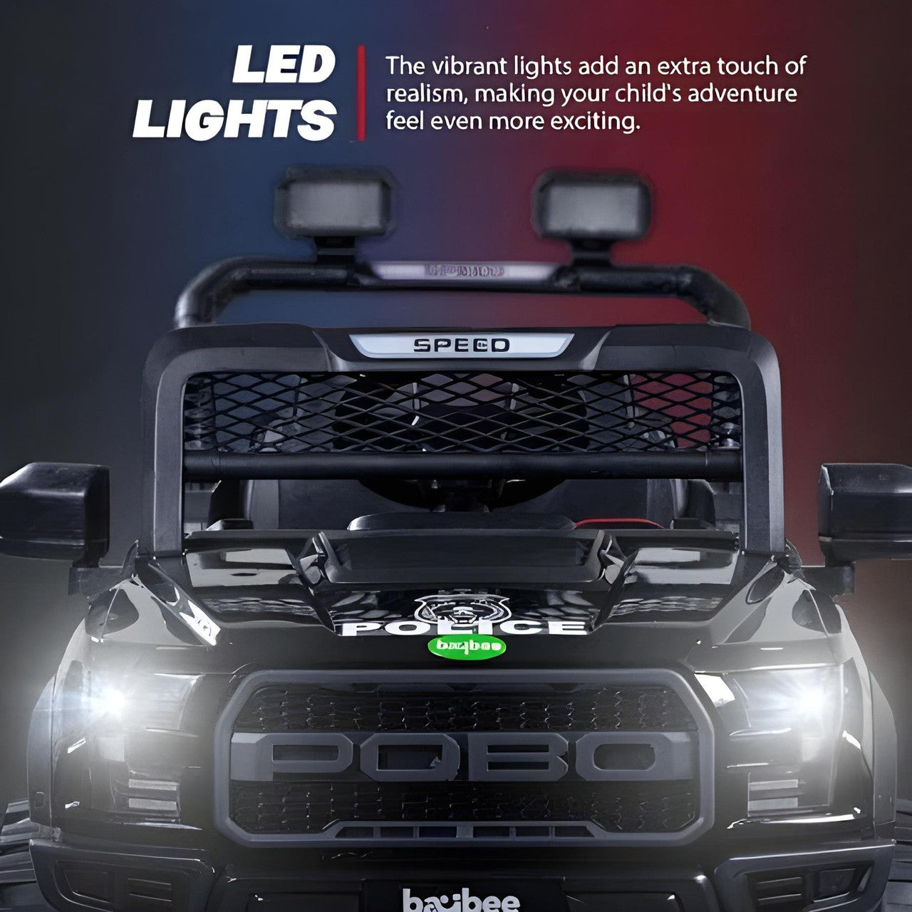 Toy police car with LED lights on a dark background