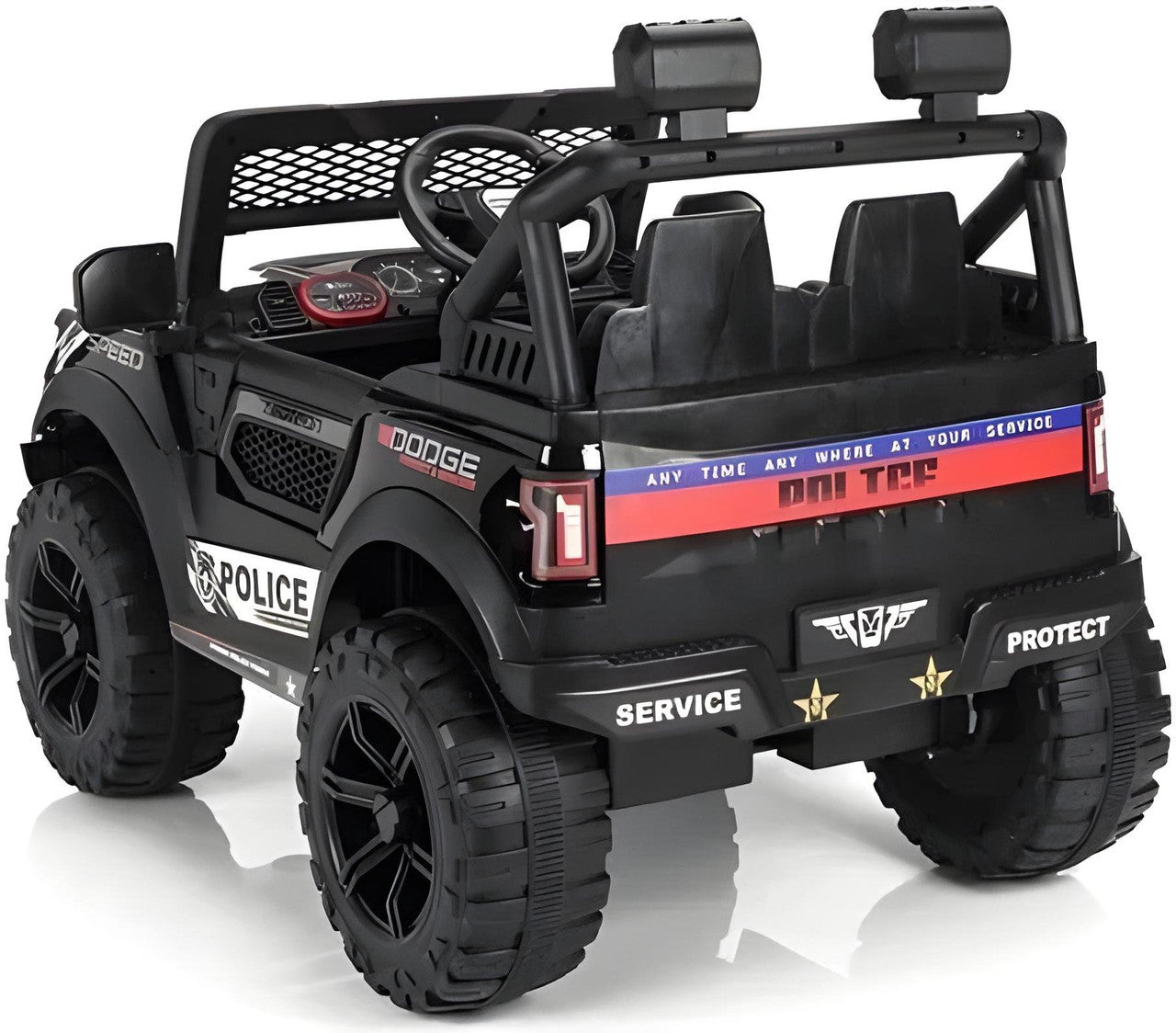 Black toy police vehicle with detailed design on a white background