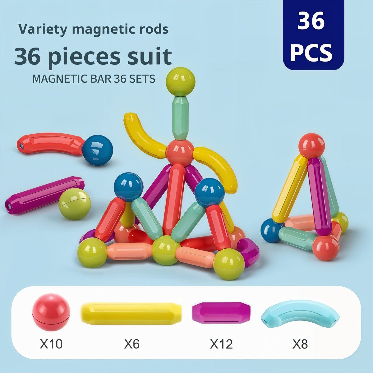 Todfod Magnetic Building Sticks Construction Set – 36 Piece STEM Educational Toy with Strong Magnets, Colorful Magnetic Rods & Balls, 3D Building Blocks for Kids’ Creativity & Brain Development