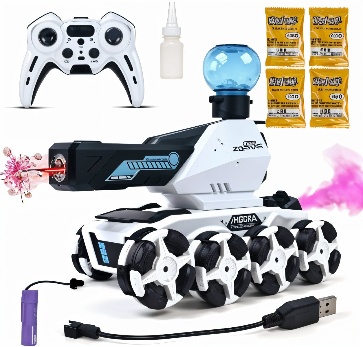 TodFod Remote Control Battle Tank with Water Spray, LED Lights, 8-Wheel Drive, 18.5 x 27 x 15 cm, White