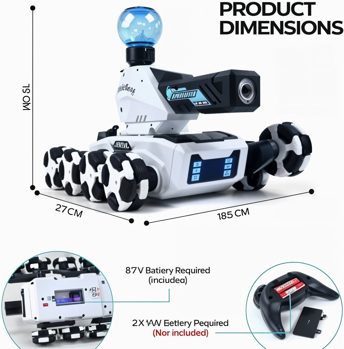 TodFod Remote Control Battle Tank with Water Spray, LED Lights, 8-Wheel Drive, 18.5 x 27 x 15 cm, White