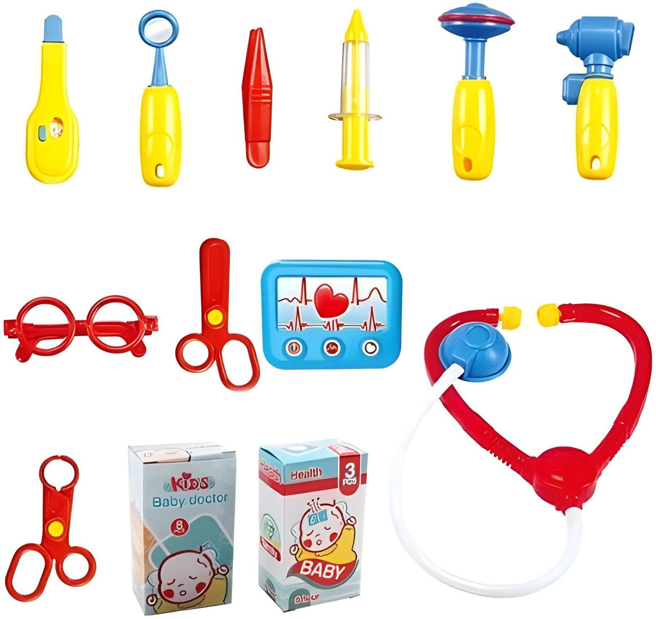 Set of colorful toy medical tools and equipment on a white background