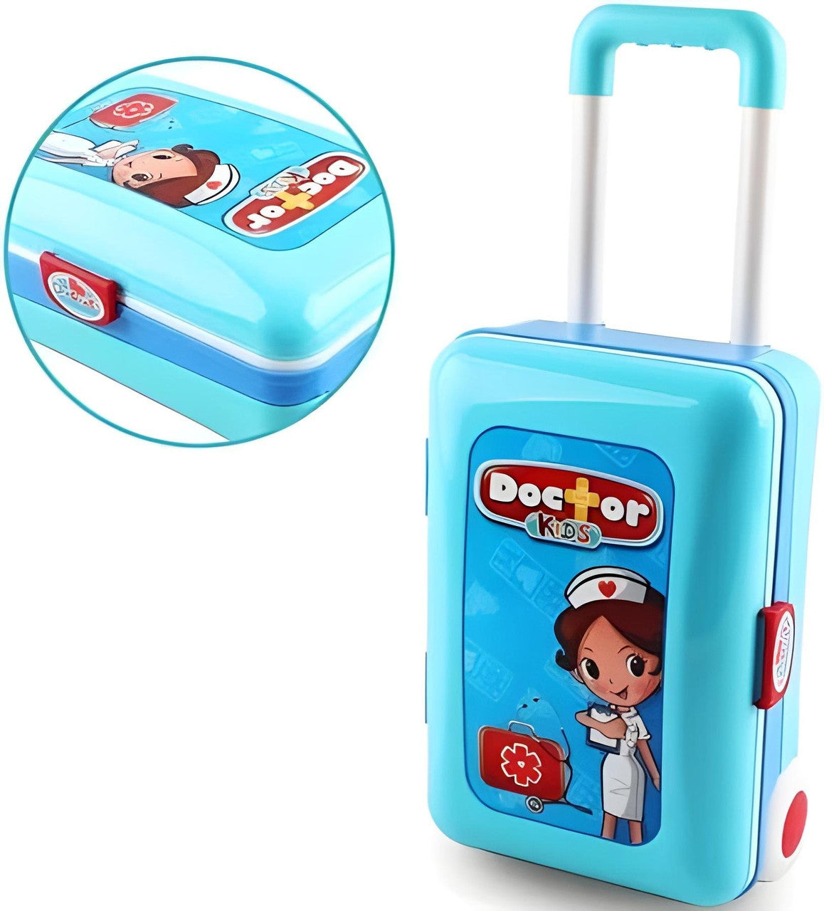 Children's toy suitcase with cartoon doctor design on a white background
