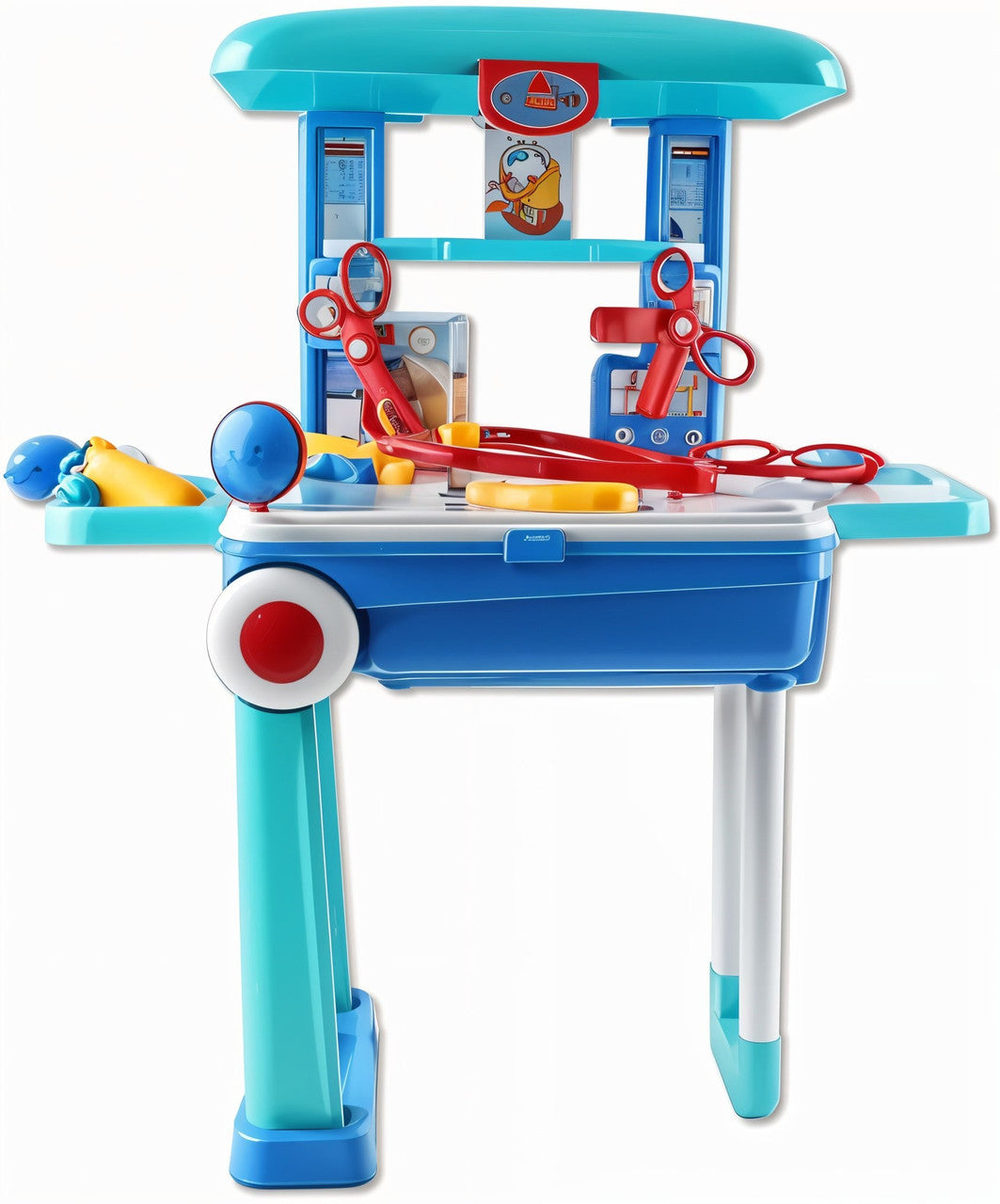 Toy doctor's office set with medical tools on a white background