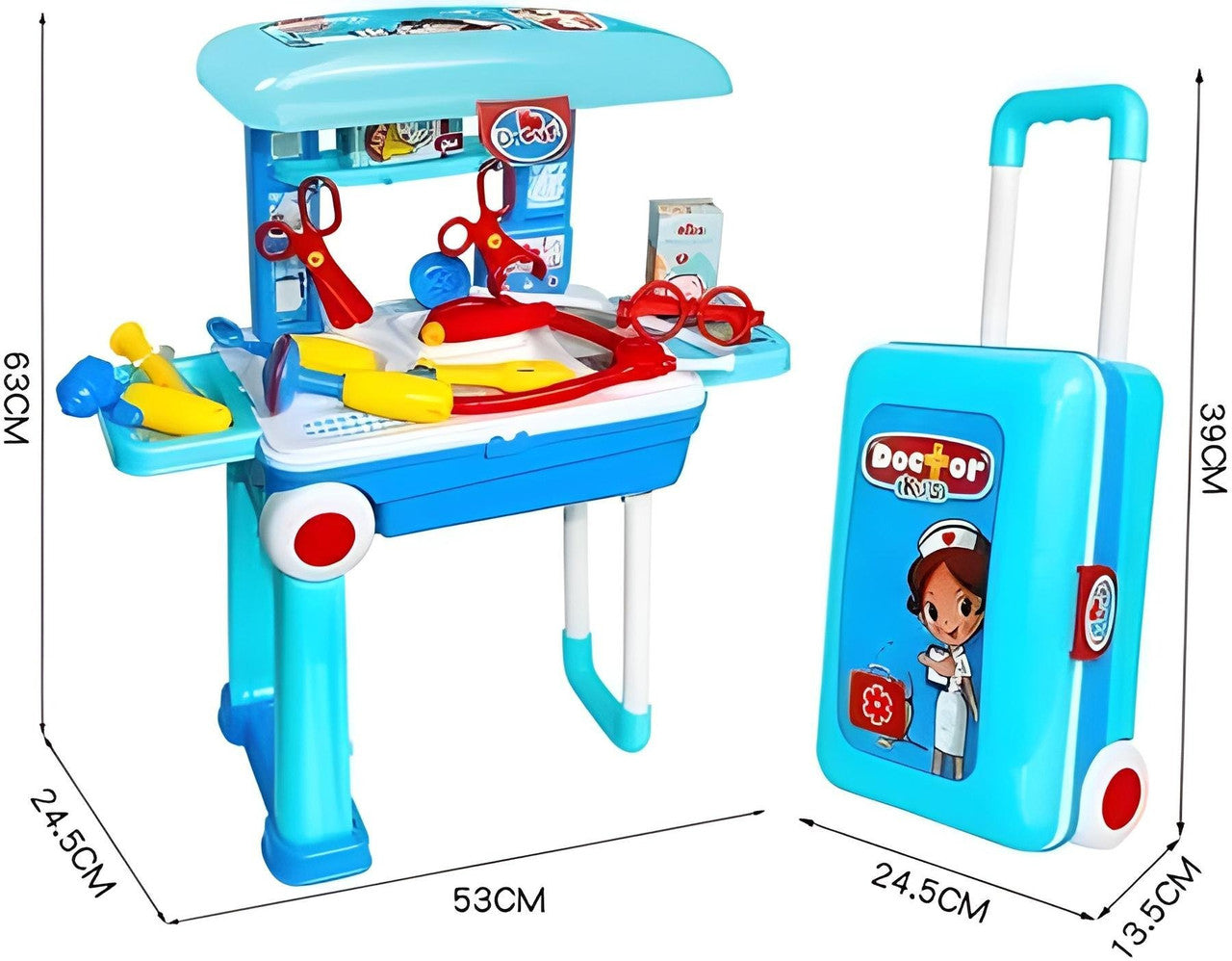 Toy doctor's desk with tools and a suitcase, including dimensions.