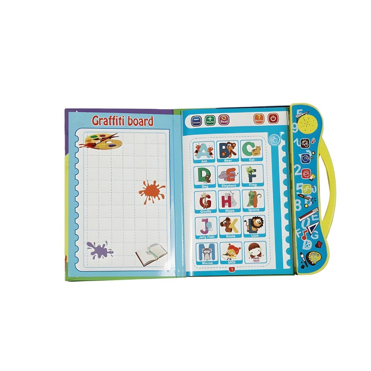 Children's educational toy with alphabet and graffiti board on a white background