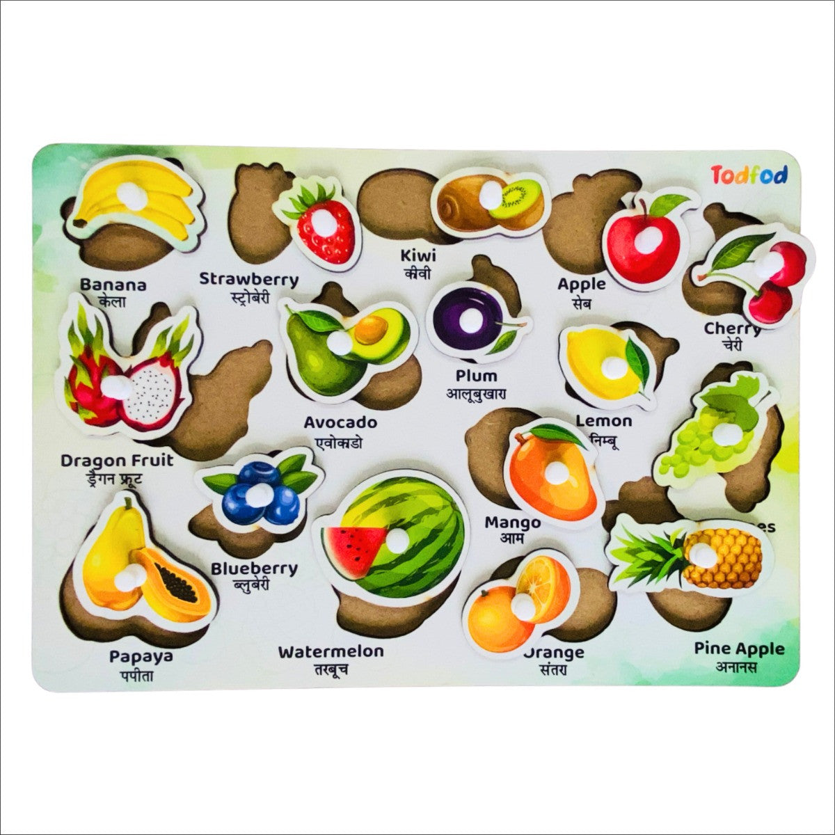 Fruit-themed educational puzzle with colorful illustrations and labels on a white background.