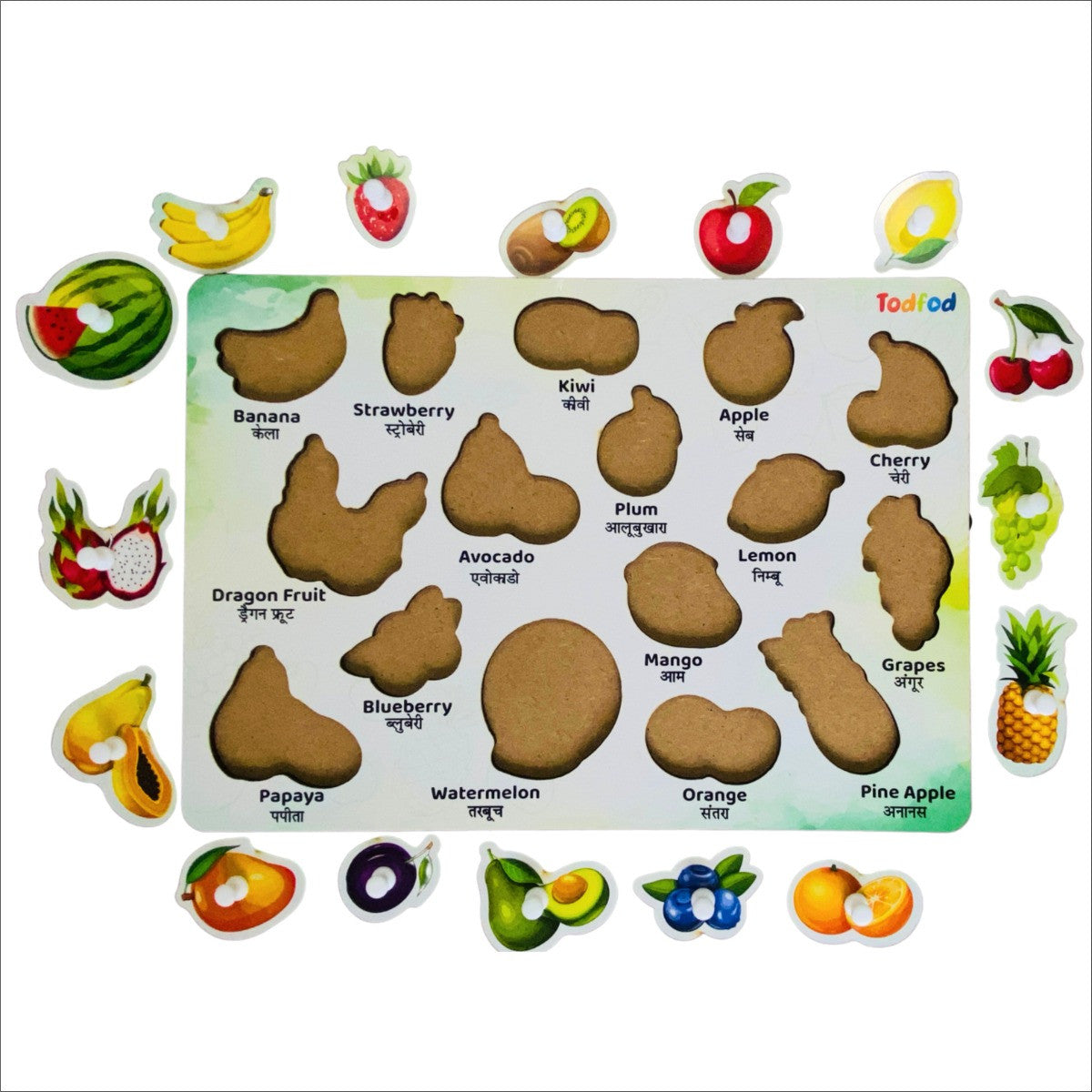 "Todfod Wooden Fruit Puzzle Board for Toddlers | 16|Piece Peg Puzzle with English & Hindi Labels | Montessori Educational Toy for Kids Age 2+ | Safe & Durable Learning Puzzle Game "