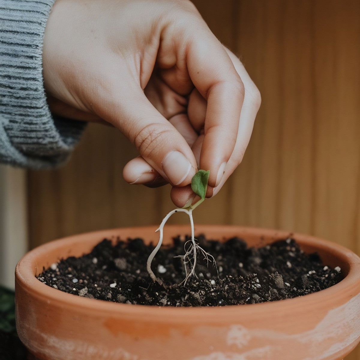 Hand holding a small plant over a pot of soil