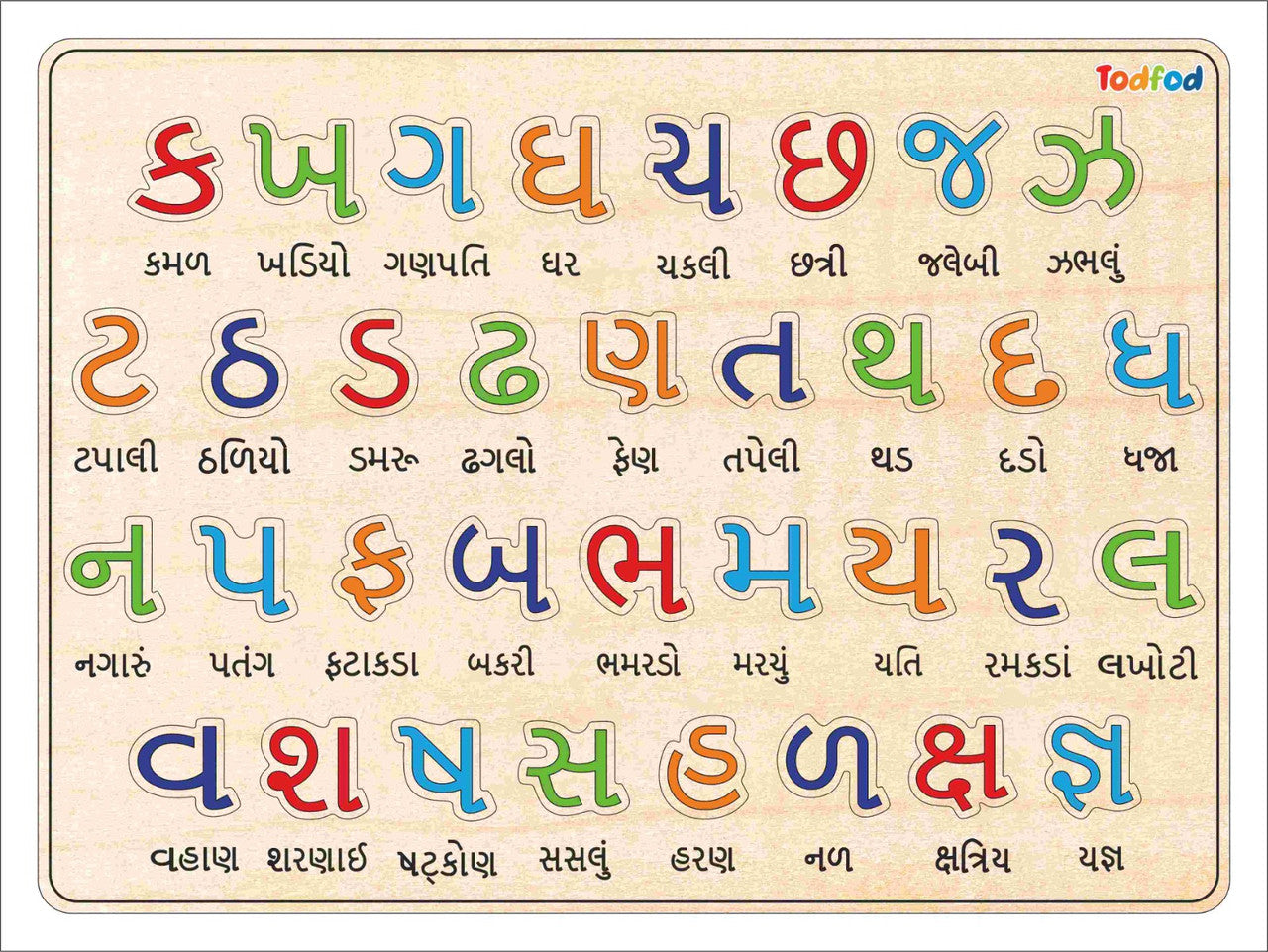 Colorful Gujarati alphabet chart on a beige background with 'Todfod' branding.
