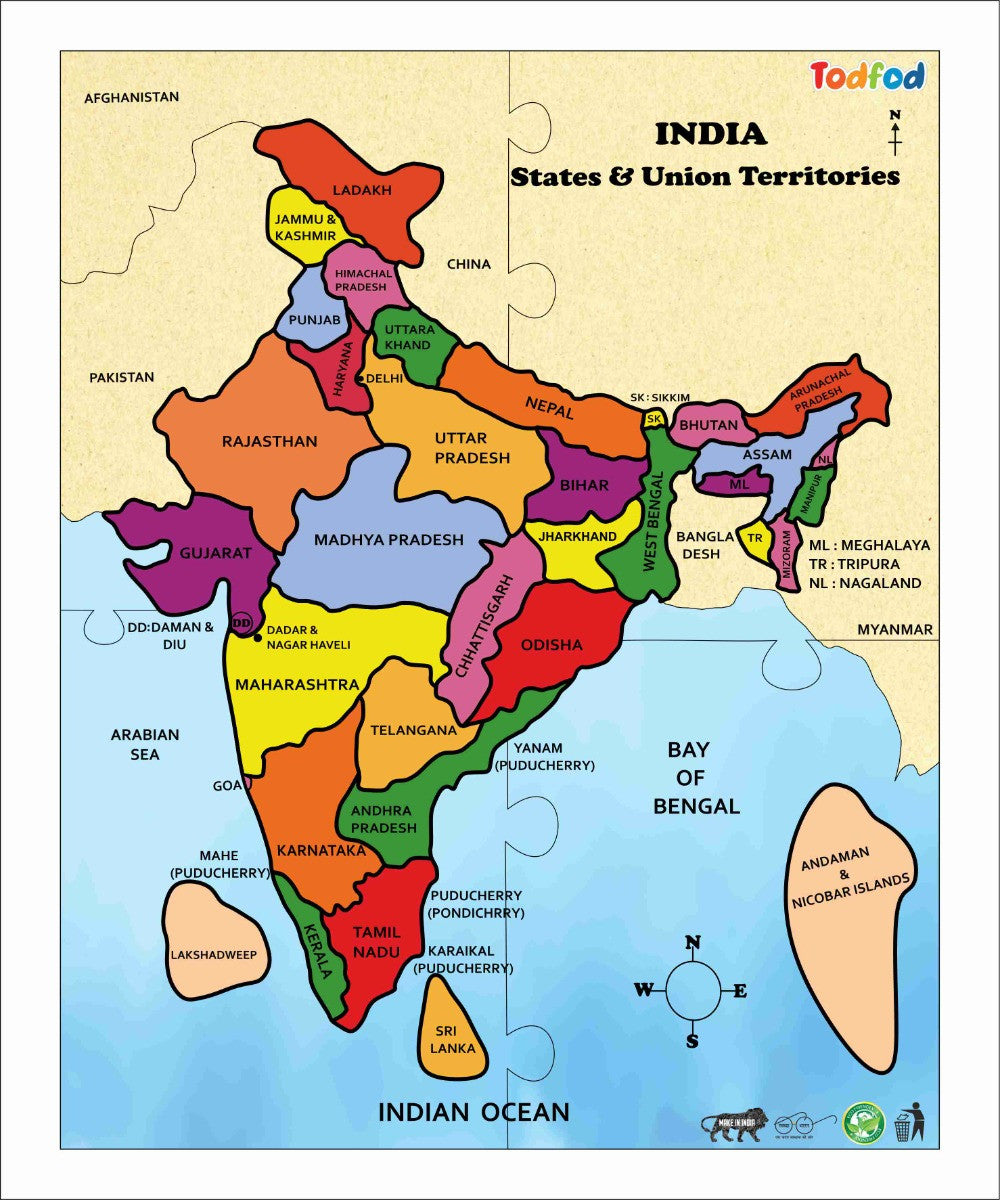 Colorful map of India with states and territories on a beige background