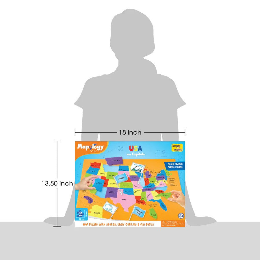 Map of America educational puzzle with dimensions shown against a person silhouette