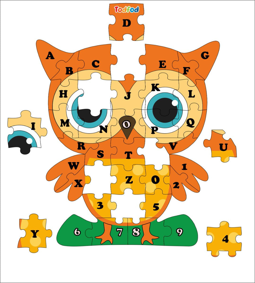 TodFod Owl Shaped Wooden Jigsaw Puzzle English Alphabets Orange Yellow - 36 Pieces