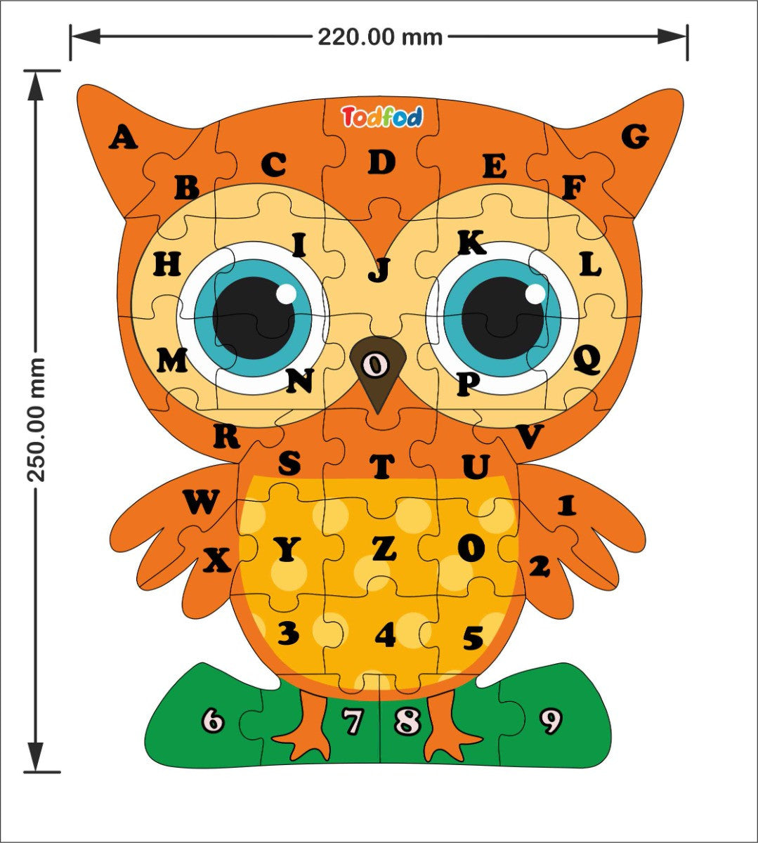 TodFod Owl Shaped Wooden Jigsaw Puzzle English Alphabets Orange Yellow - 36 Pieces
