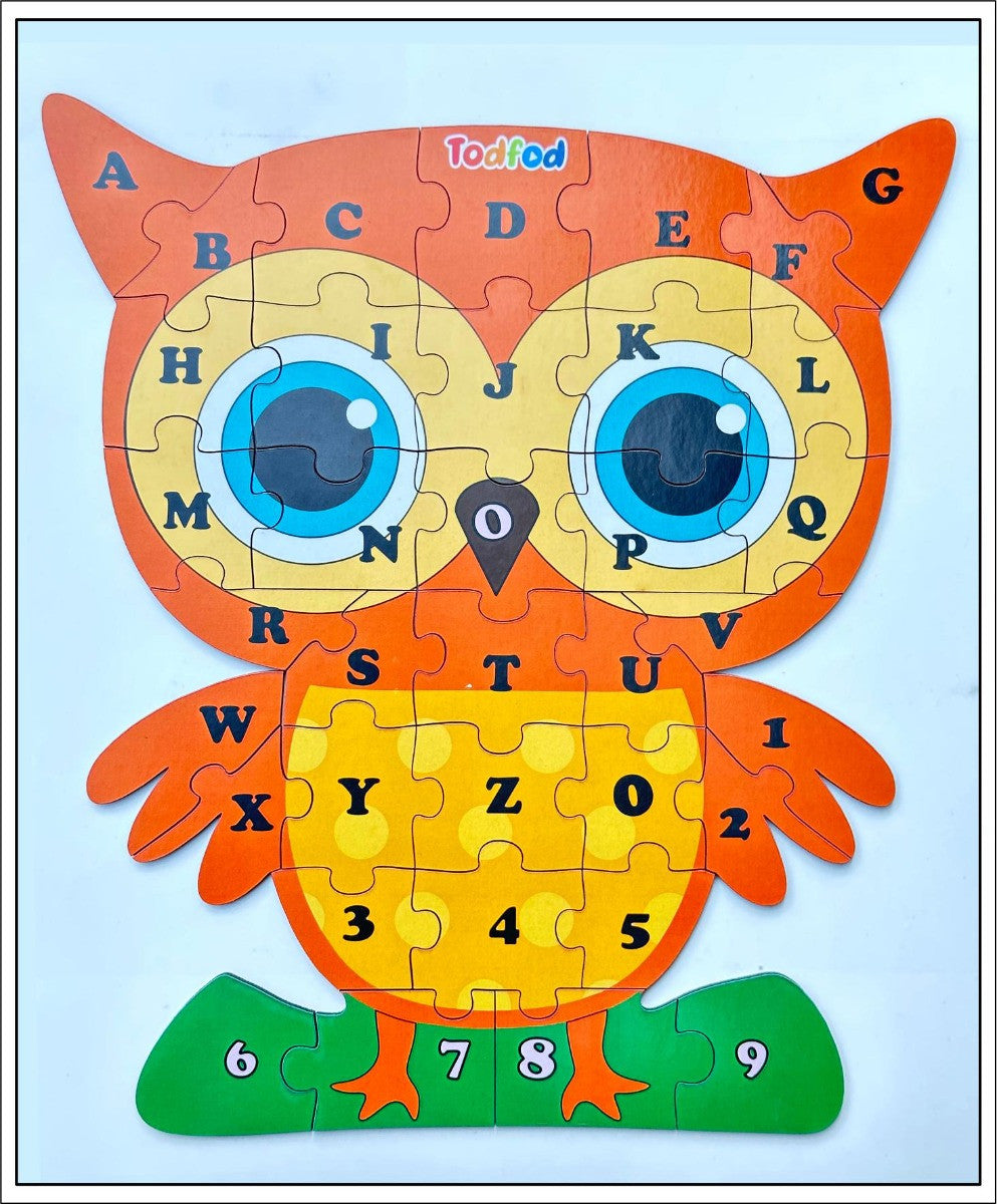 TodFod Owl Shaped Wooden Jigsaw Puzzle English Alphabets Orange Yellow - 36 Pieces