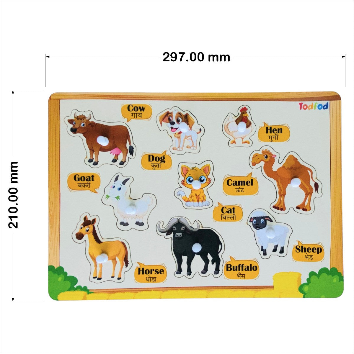 Wooden puzzle with animal figures and labels on a white background