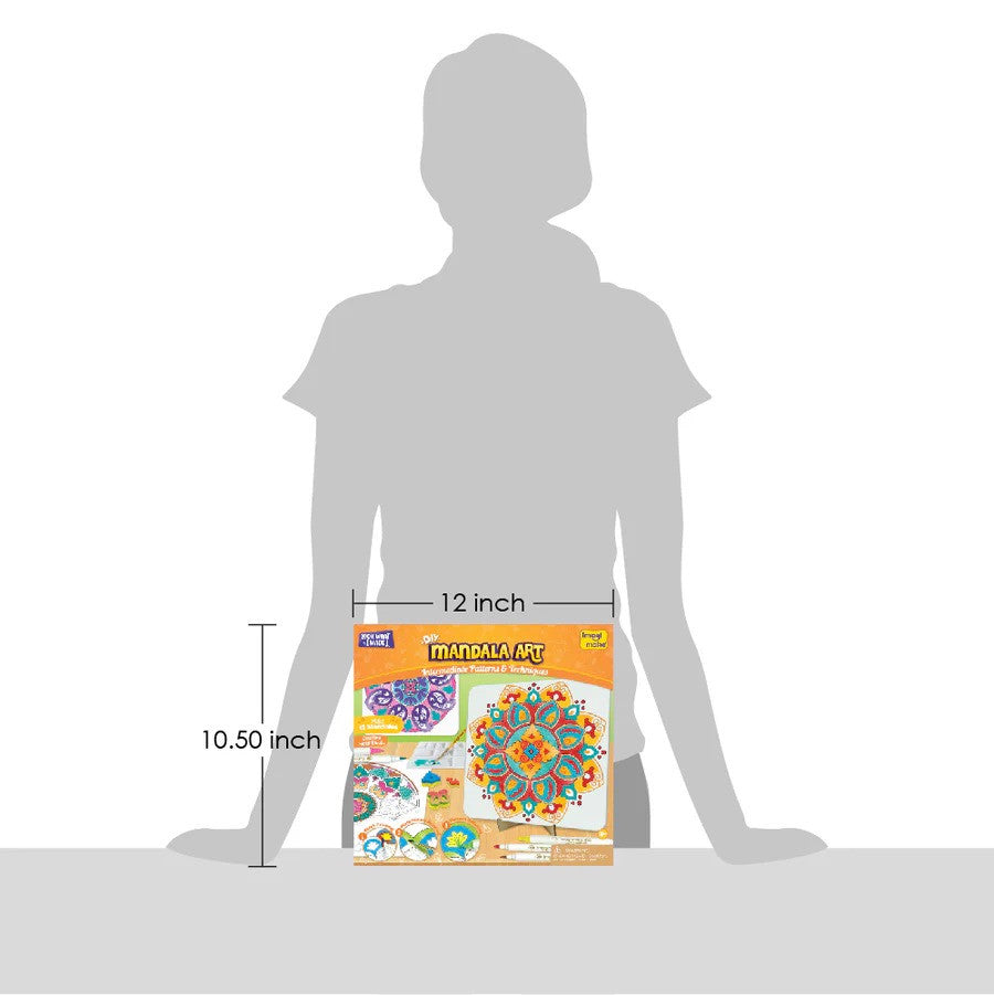 Mandala Art Kit packaging with a silhouette of a person and dimensions displayed