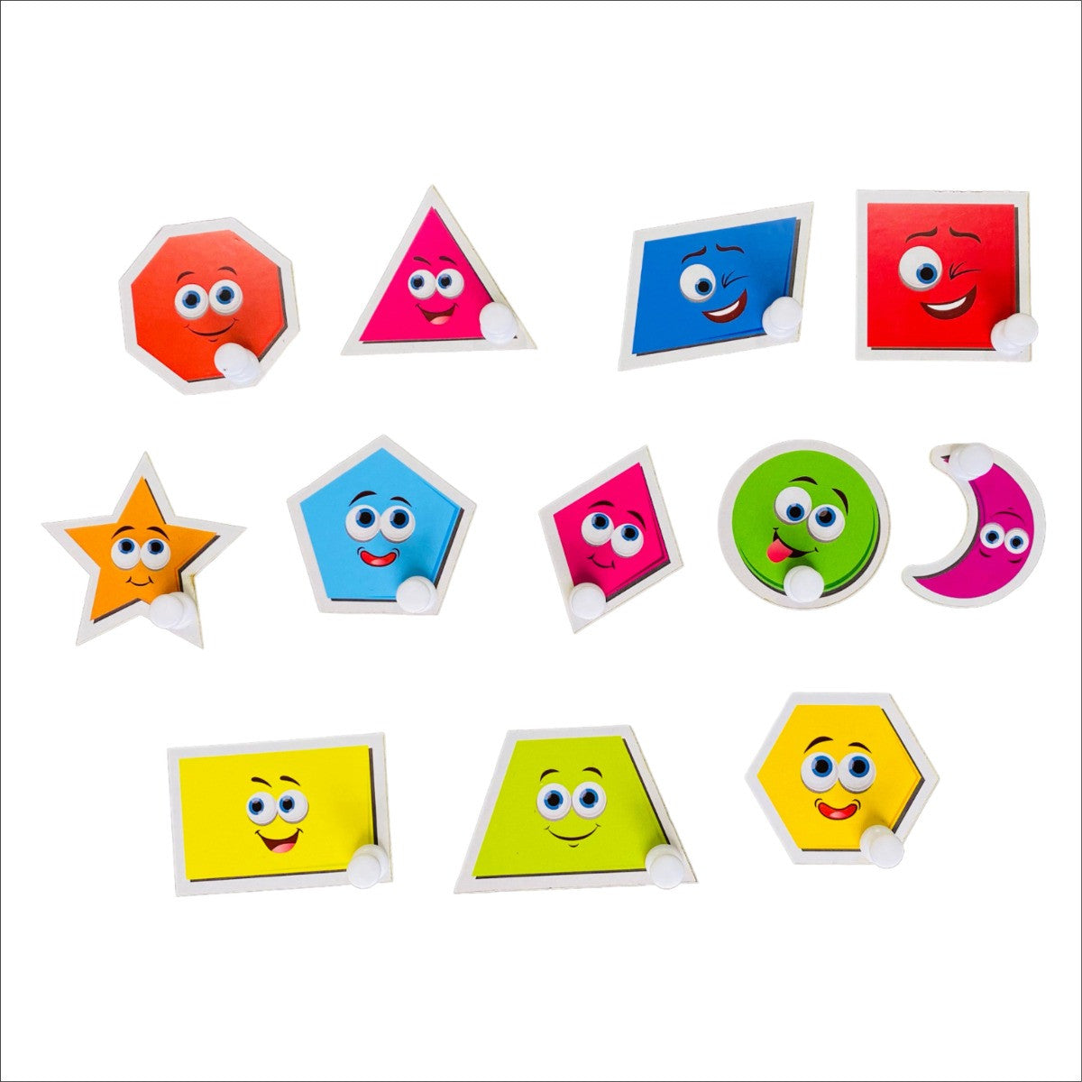 Set of colorful geometric shapes with cartoon faces on a white background