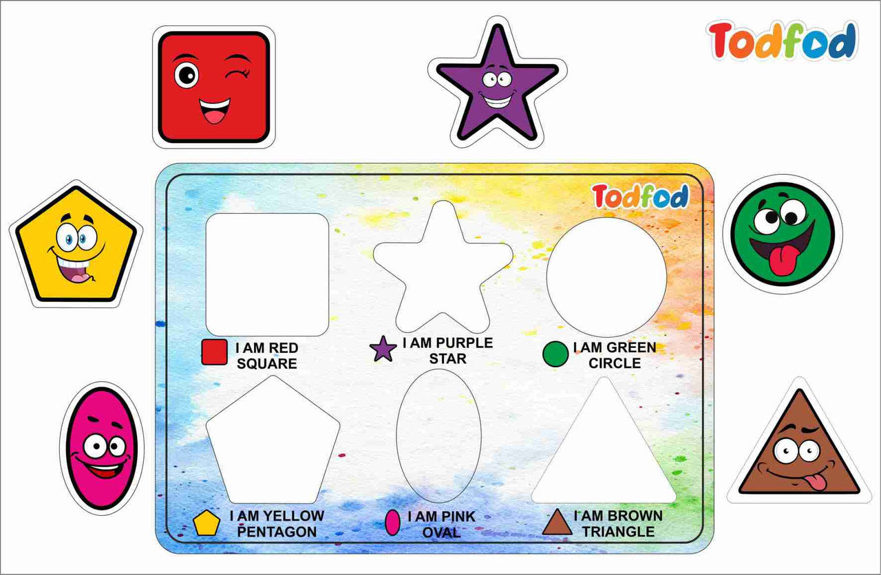 Colorful educational mat with shapes and their names, featuring the brand 'Todfod'.