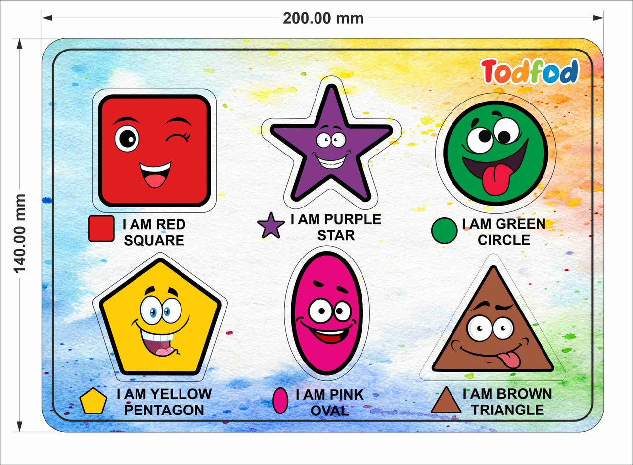 Colorful educational toy with shapes and labels, featuring the brand 'Todfod'.