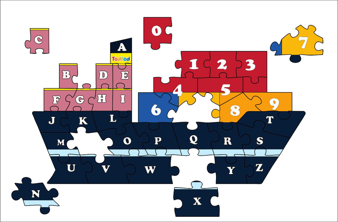 Puzzle ship with letters and numbers on a white background